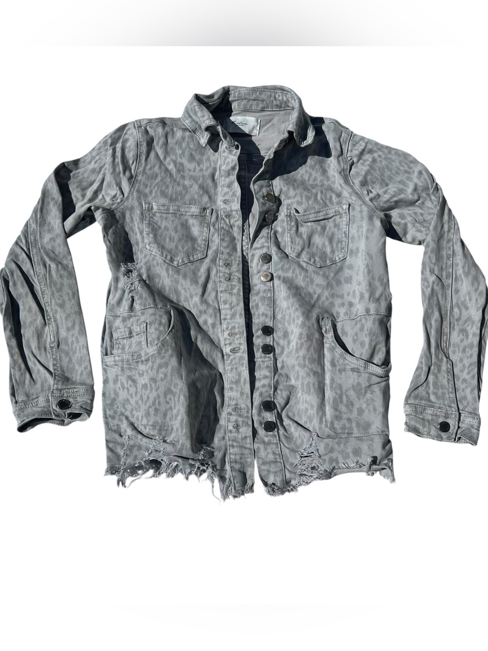 KanCan Girls Gray Leopard Print Distressed Denim Jacket Youth Large